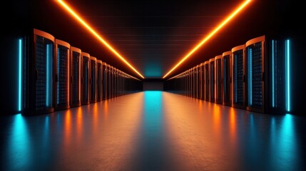 This mesmerizing image depicts a vibrant data center, showcasing rows of glowing equipment and cables illuminated by colorful neon lights, symbolizing the power of technology and connectivity.