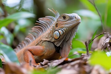 Fototapeta premium A close-up portrait of an iguana blending among the lush surroundings, showcasing intricate details of its skin and colors in a vibrant representation of wildlife.