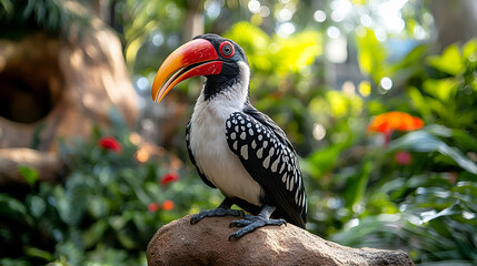 Obraz premium Hornbill bird, red, yellow, black and white plumage perched on a rock in lush, green jungle