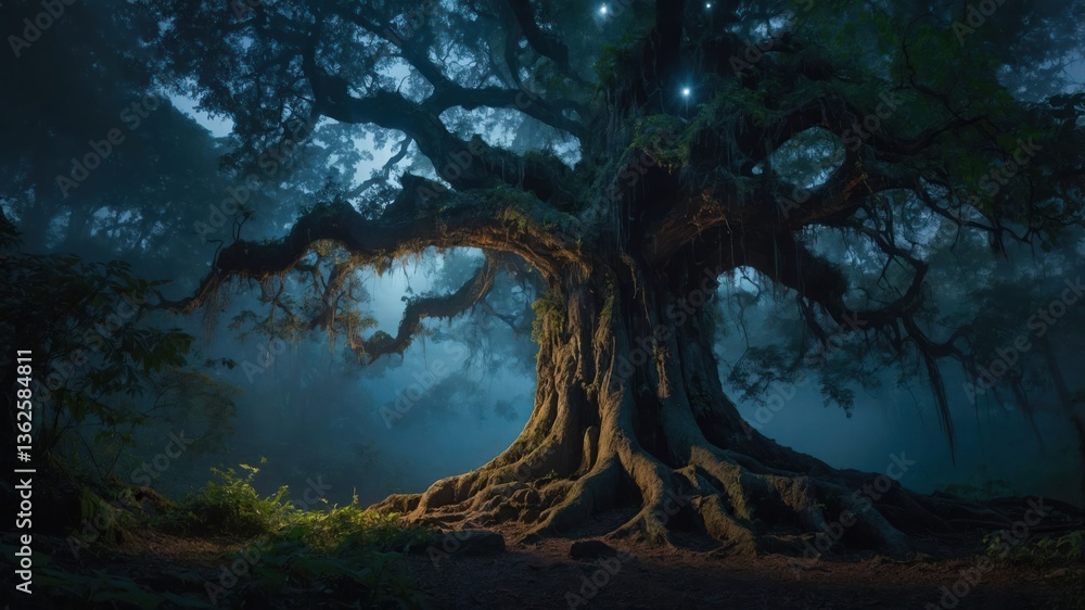 Poster a mystical tree illuminated by soft lights in a foggy forest setting.