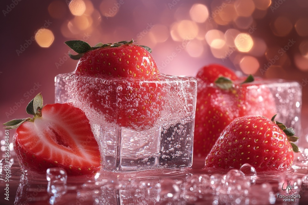 Aufkleber Fresh strawberries with ice cubes create a refreshing summer vibe in a vibrant setting