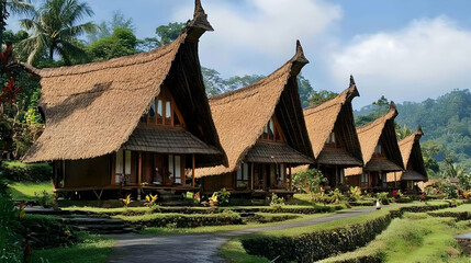 Row of Traditional Thatched Roof Houses in Tropical Landscape with Green Rice Paddies Under Cloudy Sky in Bali
