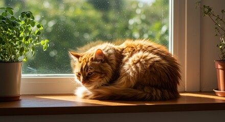 Fluffy orange cat resting on windowsill in warm sunlight 
