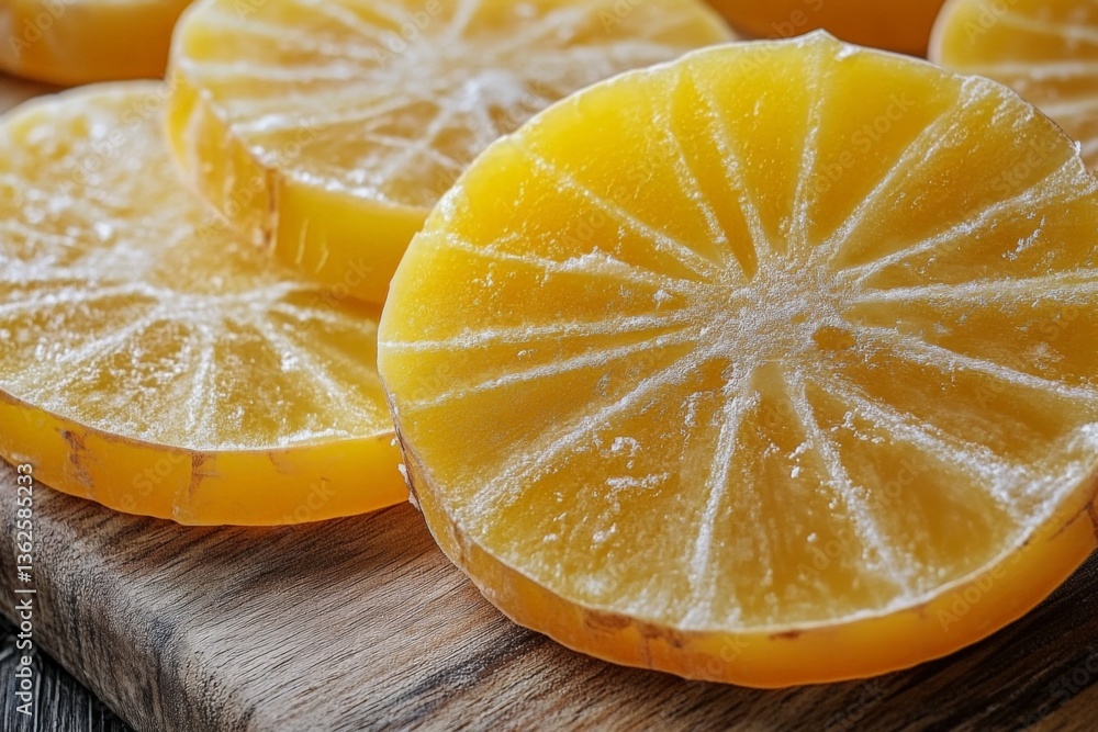 Aufkleber bright yellow citrus slices arranged artfully on a wooden board create a vibrant and inviting displa