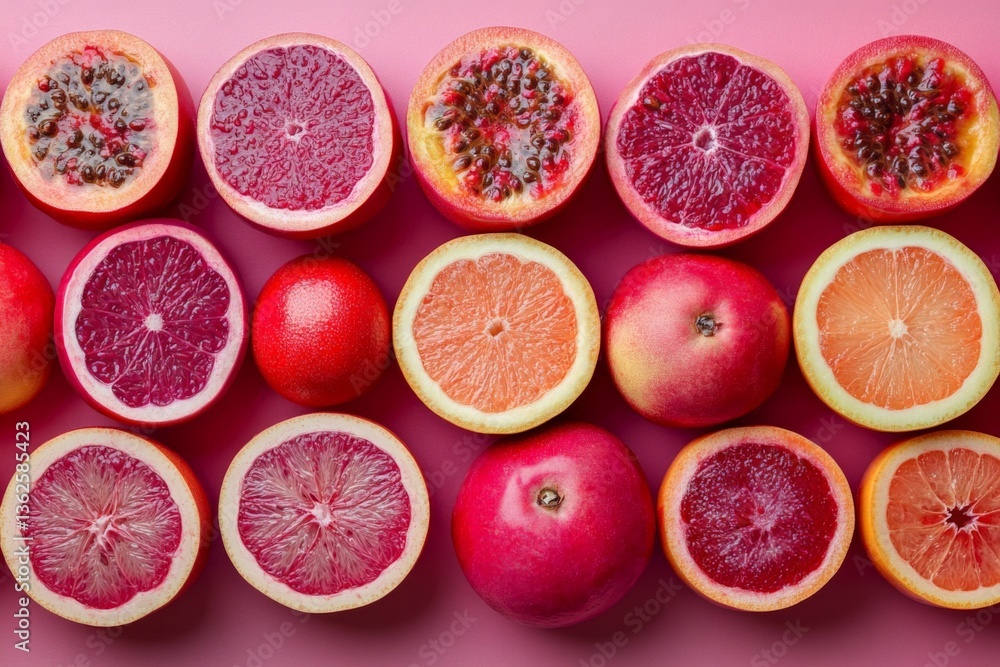 Poster colorful display of various citrus fruits arranged on a pink background during midday
