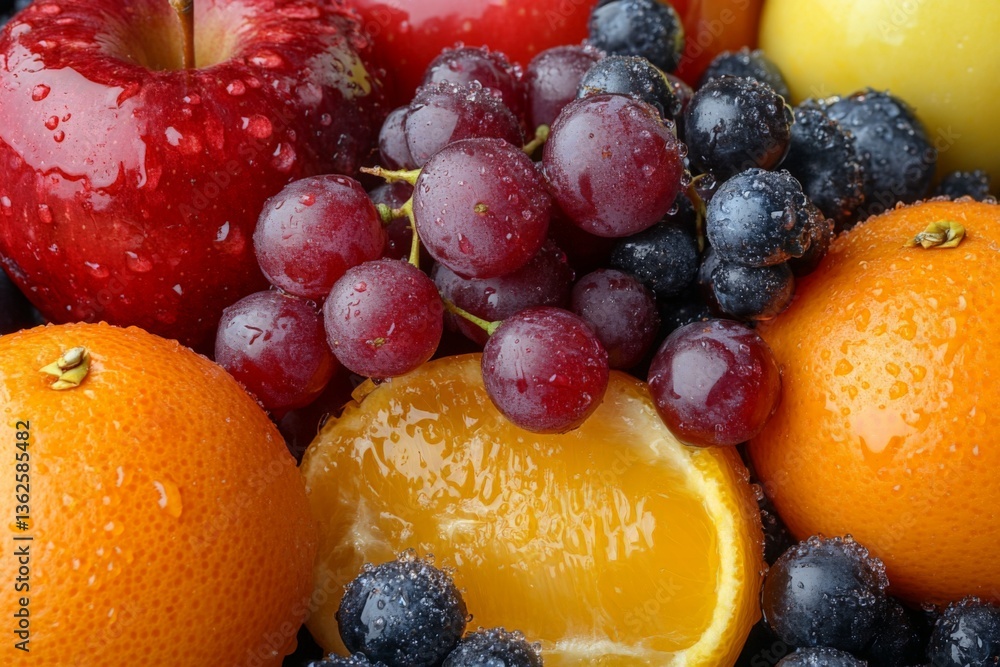 Poster fresh assortment of colorful fruits with droplets in bright sunlight during a summer day