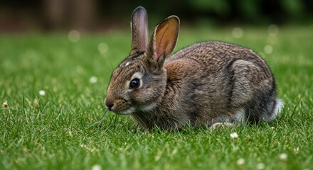 Fototapeta premium Rabbit hopping through green grass on a sunny day 