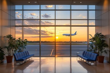 Fototapeta premium Airport terminal waiting area with blue seating, large windows, airplane and sunset view