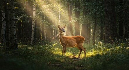 Fototapeta premium Majestic deer illuminated by sunlight in a forest 