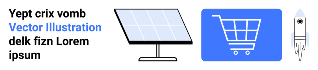 Solar panel, shopping cart, and rocket illustrate renewable energy, e-commerce, technology, and innovation. Ideal for sustainability, e-commerce, futuristic tech innovation progress energy