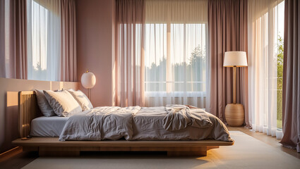 Modern Minimalist Bedroom Featuring a Wooden Bed Frame, Soft Comforter, and Inviting Natural Light from Sheer Curtains