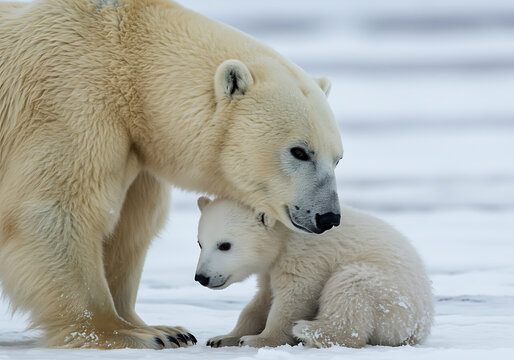 Polar Bear Tenderly Nuzzling Her Cub in the Serene Arctic Wilderness