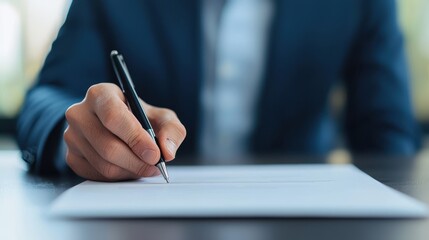 HR employee onboarding concept. A hand writing on a document with a pen in a professional setting.