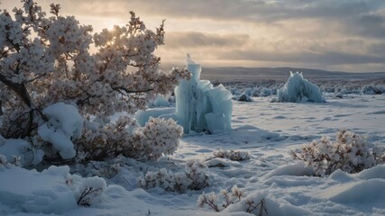 A serene winter landscape with ice formations and snow-covered plants under a cloudy sky.