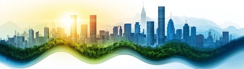 Naklejka premium Futuristic urban landscape city of tomorrow watercolor illustration sunrise aerial view sustainable development