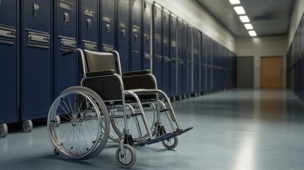 Empty wheelchair in a school hallway with blue lockers and bright overhead lighting