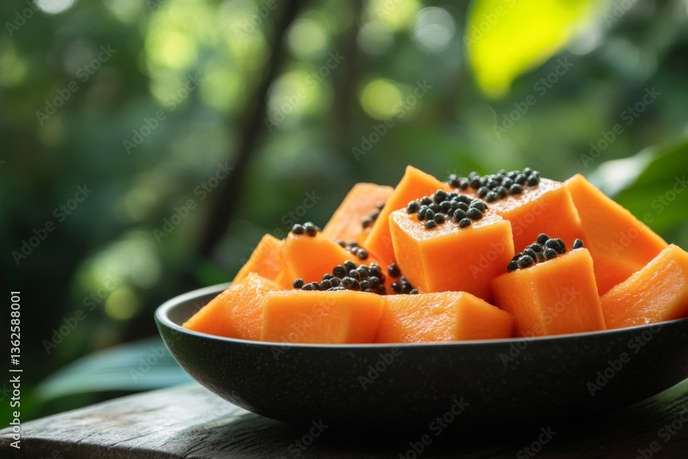 Poster fresh papaya slices topped with black seeds arranged on a dark bowl in a lush garden setting