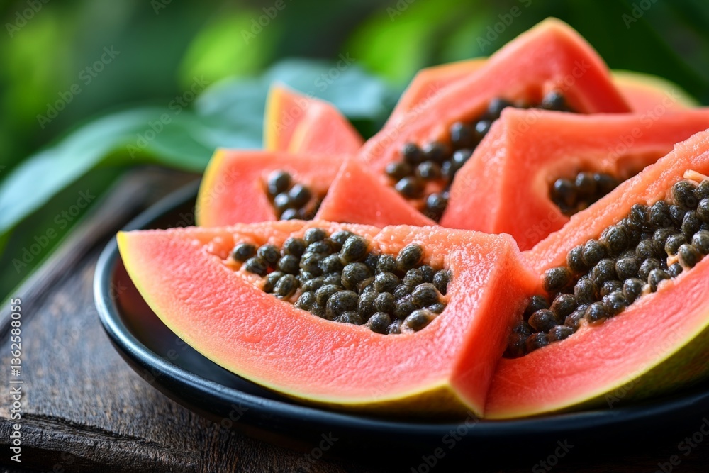 Poster freshly sliced papaya arranged on a rustic plate surrounded by lush greenery in a tropical setting