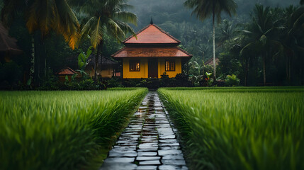 Fototapeta premium Wet Stone Path Leading to an Illuminated Traditional House Surrounded by Green Rice Fields and Palm Trees in Soft Atmospheric Light