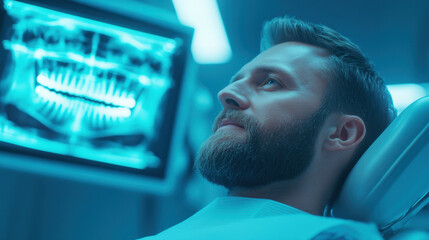 man with beard is sitting in dental chair, looking thoughtfully at digital display showing dental X rays. atmosphere is calm and clinical, emphasizing modern dental technology