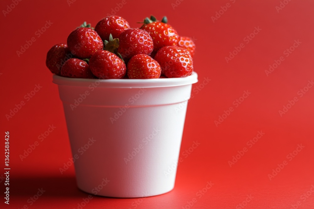Poster fresh strawberries arranged in a white pot against a vibrant red background for an appealing display