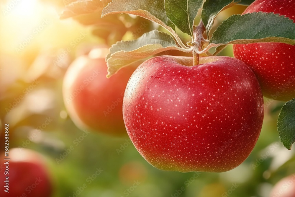 Poster vivid red apples hanging on branches in an orchard during a sunny afternoon