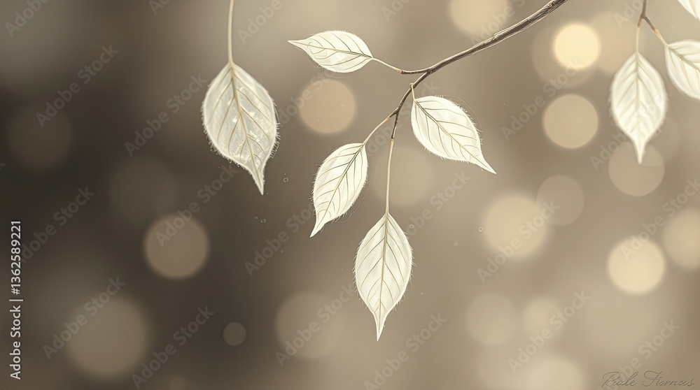 Poster a close up view of slender branches with delicate leaves illuminated softly by natural light creatin