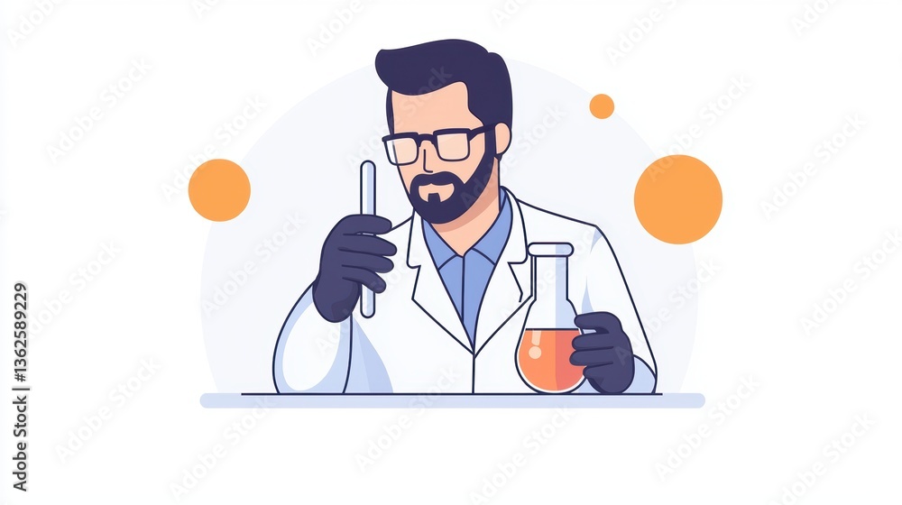 Poster a scientist in a lab coat conducts an experiment with a beaker and test tube, set against a simple b