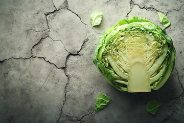 Obraz premium Freshly cut green cabbage resting on a textured gray surface with a few scattered leaves around it