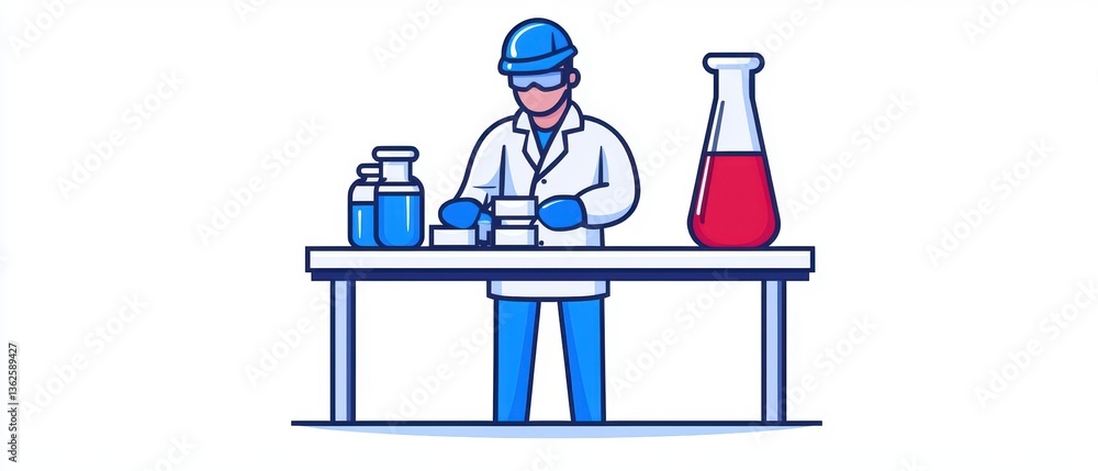 Poster a scientist in a lab coat conducts experiments using colorful liquids in glassware on a table.