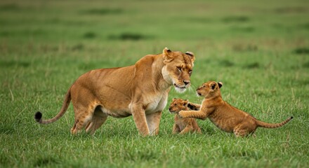 Mother lion interacting with her playful cubs in grassland 