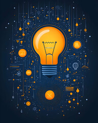 Illuminated lightbulb with technological circuits on a dark blue background