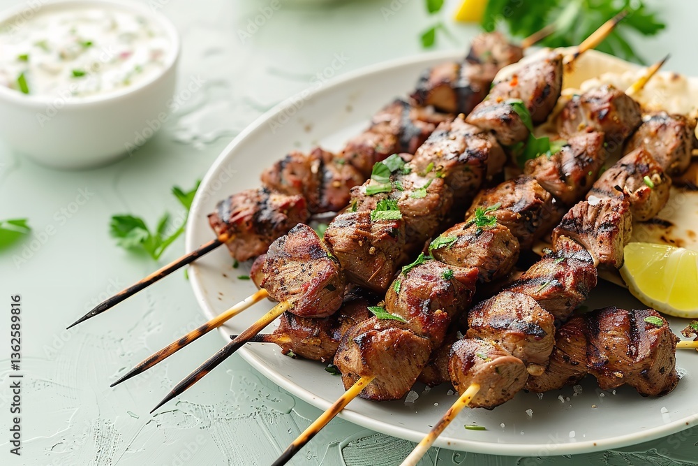 Poster close-up of grilled lamb skewers on a dish with pita bread and tzatziki sauce against a light green 