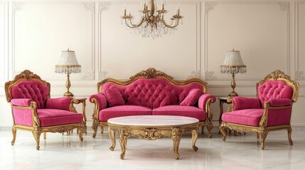 Elegant Pink Vintage Sofa Set with Luxurious Chandelier in Opulent Interior Design