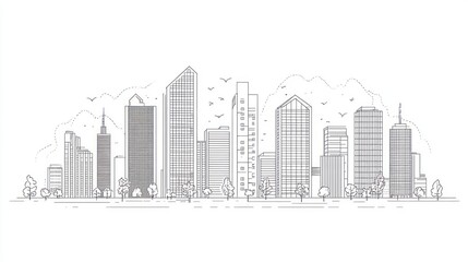 Fototapeta premium Outline drawing of modern city skyline with trees and birds