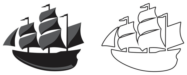 Sailing Ship Stylized  Silhouette with Outline. Isolated On Transparent Background. © HUSSNAIN