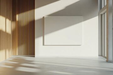 Fototapeta premium Minimalist room with blank canvas and sunlight.