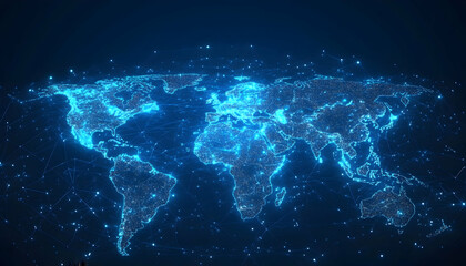 Illuminated world map with glowing connections on dark blue background