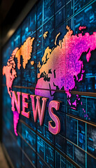 Illuminated world map behind text; "NEWS"