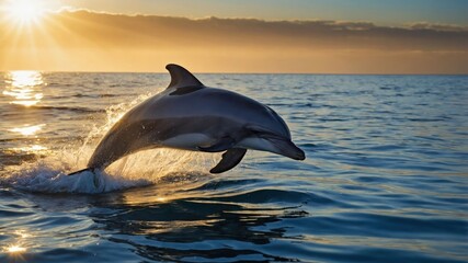 Fototapeta premium A dolphin leaps gracefully over the ocean surface at sunset, showcasing its agility and beauty.