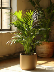 Indoor palms in pots near window with natural light and wooden floor