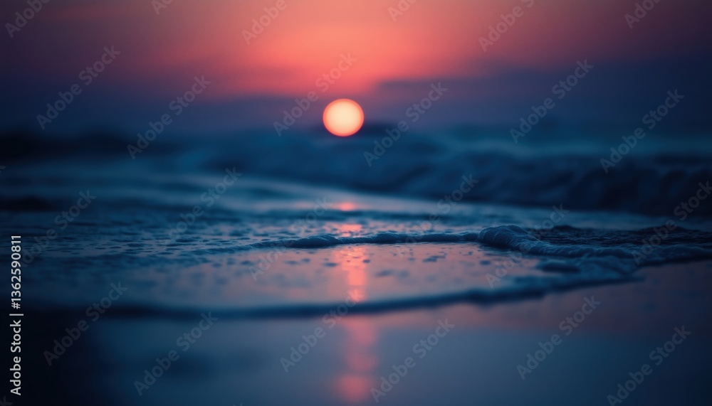Poster hazy image capturing the sunset on the shore: a blurred snapshot of the sun setting over the beach i