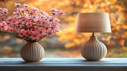 Indoor scene flowers and lamp, autumn light