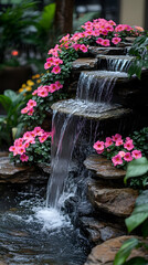 Indoor waterfall adorned with bright pink flowers and lush green foliage