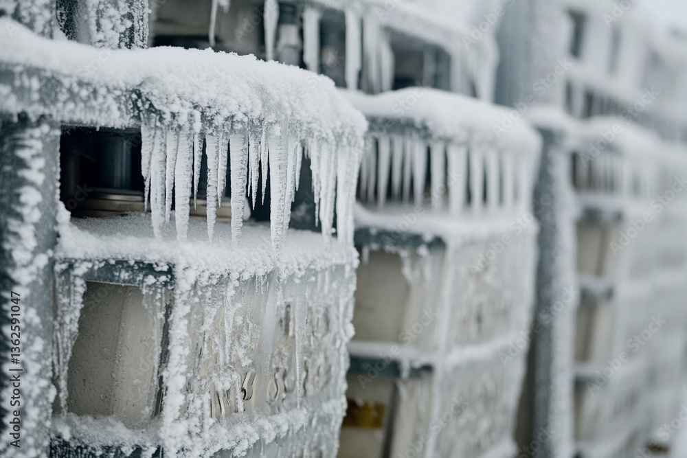 Poster Close-up of icy energy storage units with frost buildup Generative AI
