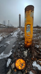 Industrial area with weathered structures, rubble, and sky