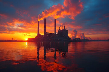 Industrial complex silhouettes against a vibrant sunrise reflecting in water
