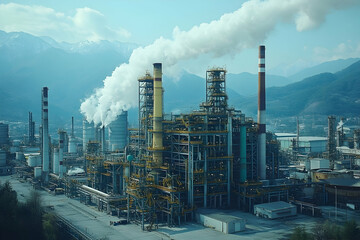 Industrial complex releases smoke near mountains