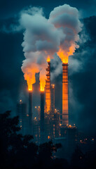 Industrial complex spewing smoke at dusk
