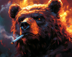 Intense bear portrait with cigarette amidst fiery backdrop